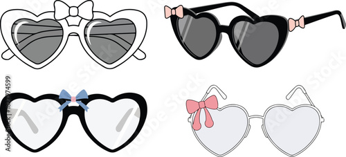 Vector Set of Heart Shaped Sunglasses and Eyeglasses with Bows for Cute Fashion Graphics
