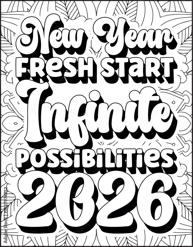 Fototapeta premium Happy New Year & Christmas Quote Coloring Page for Adult. Happy New Year 2026 Coloring Page .
