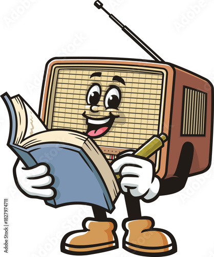 Radio mascot cartoon holding a book