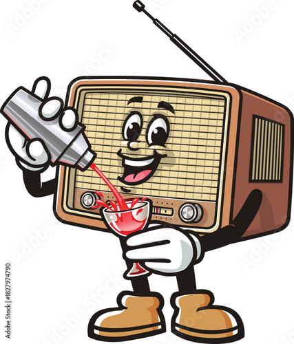 Radio mascot cartoon making a cocktail