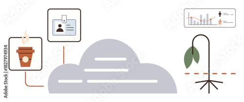 Cloud and connected icons for coffee break, ID card, growth chart, and drooping plant suggest work-life balance, performance tracking, burnout, modern technology, stress, metaphors for productivity