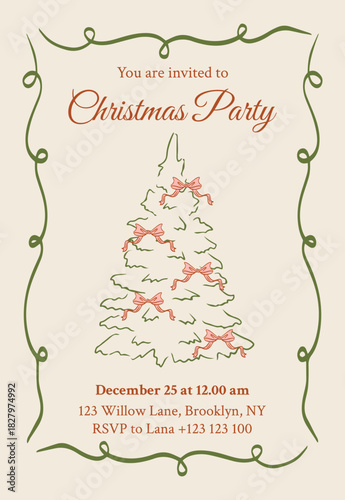 Retro Christmas party invitation template. Vintage vector card with a Christmas tree and ribbon bows in doodle style.