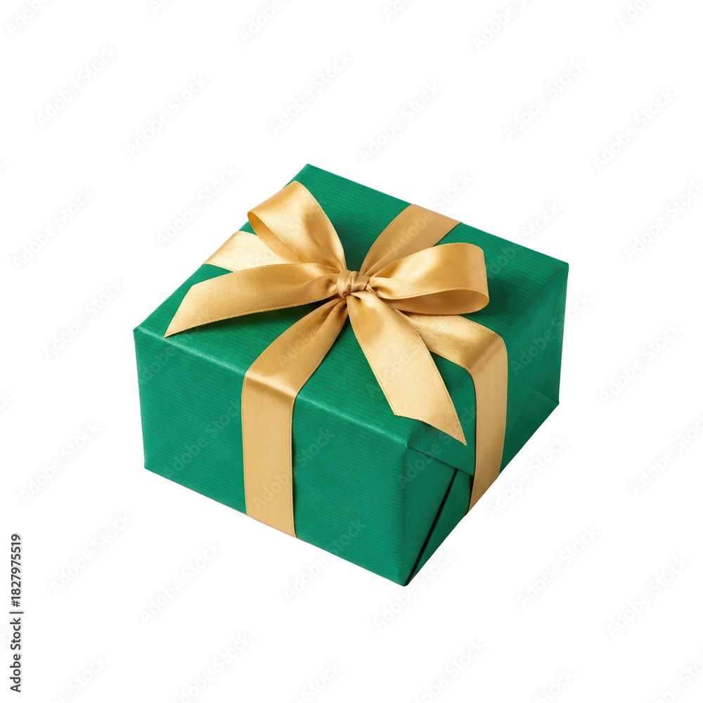 Obraz premium A green gift box adorned with a golden bow, symbolizing celebration and surprise.
