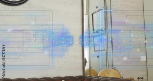 Upward camera pan initiating holographic blue HUD floating, aligning with clock guiding focus
