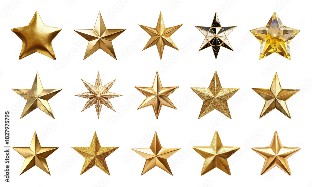 Obraz premium PNG Golden stars with diverse designs, element set on transparent background