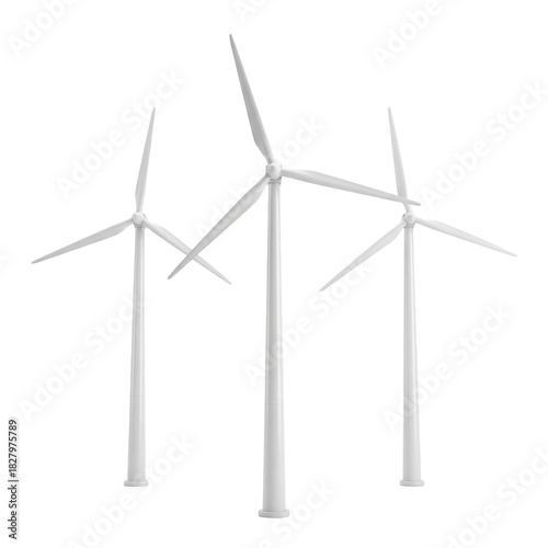 Three white wind turbines with sleek blades, designed for harnessing wind energy in renewable power generation.