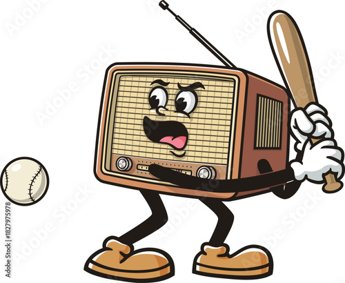 Radio mascot cartoon playing baseball