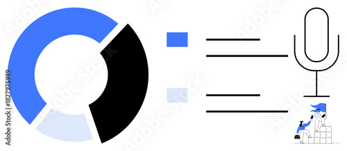 Circle chart with blue segments, microphone icon, and warehouse worker loading boxes. Ideal for data analysis, logistics, communication, statistics, research tech voice processing. Simple flat