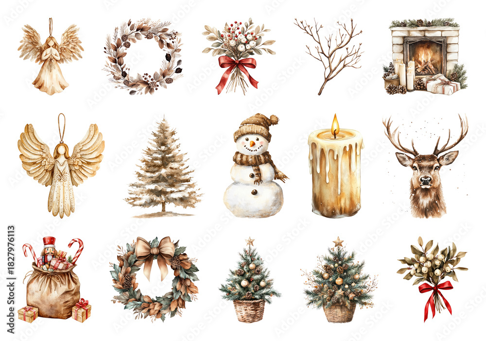 Obraz premium PNG Rustic holiday watercolor illustrations collection, element set on transparent background