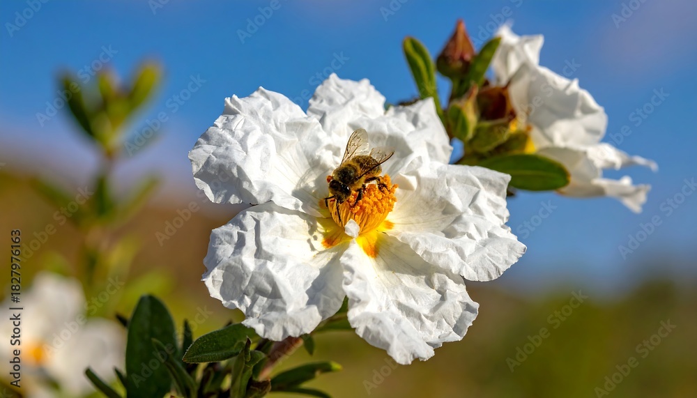Obraz premium Close-up of a bee on a white flower with a yellow center against a blurred backdrop of blue sky and greenery