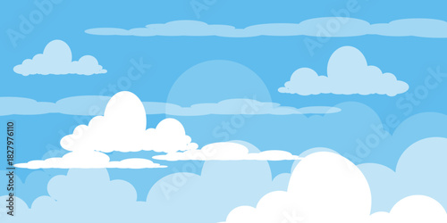 Illustration of a blue sky with white clouds in a flat style. Blue sky background and white clouds. Cartoon sky