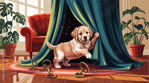 Playful golden retriever puppy hiding in teal curtains in cozy living room with plants, red armchair and wooden floor illustration