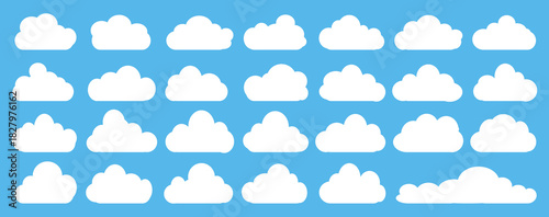 set of vector illustrations of clumpy clouds, cloud bubbles in flat style on a blue background
