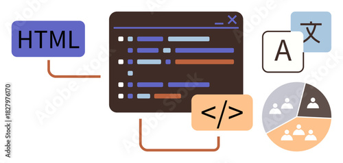 Code editor window with HTML, tags, multilingual elements, and team connections. Ideal for programming, language translation, teamwork, software development, web design coding education and flat