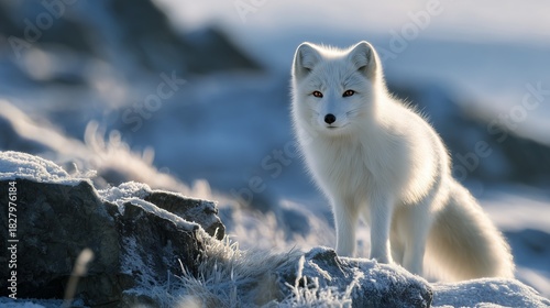 A breathtakingly super realistic nature photograph of a wild Arctic fox (Vulpes lagopus) in its white winter coat, standing alertly on a rugged, snow-covered volcanic landscape in Iceland
