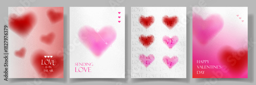 A set of Valentine's cards with blurred red and pink hearts under a textured glass background. Trendy y2k girly blurred gradient hearts. Poster, social media, stylish romantic background.