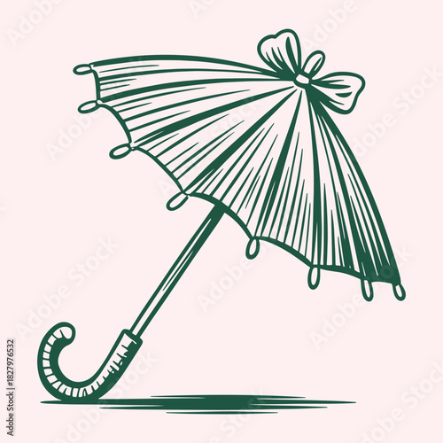 Dark green line art illustration of an open parasol with a bow on a pale pink background umbrella ribbon