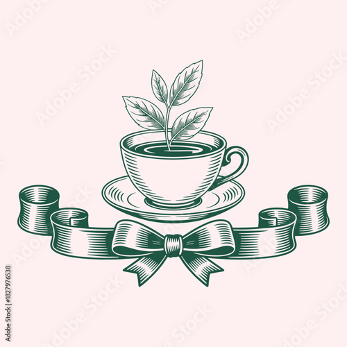 Vintage style green tea cup with plant sprout and ribbon banner saucer leaves