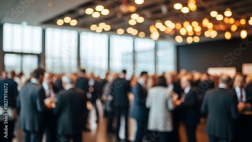 Blurred image of a professional business event with attendees networking