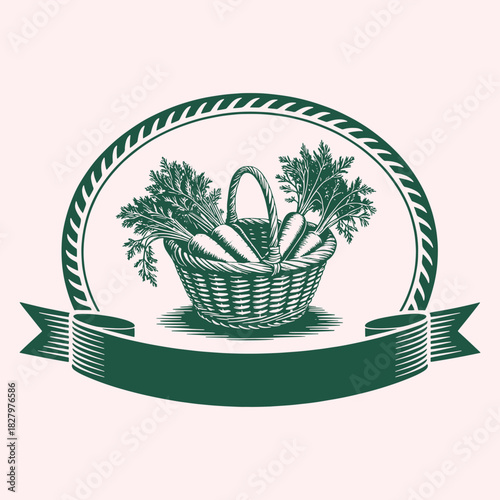 Green basket of carrots with leafy tops within a circular emblem and banner vegetables harvest