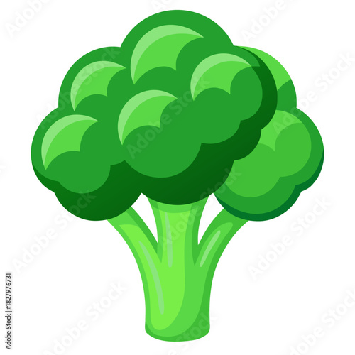 A stylized, cartoon-like illustration of a vibrant green broccoli head with thick stems, isolated on a white background.