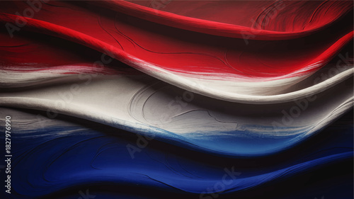 Abstract red white blue flowing waves, patriotic tricolor paint texture background, modern national holiday design illustration