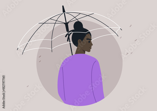 Beneath an elegant transparent umbrella, a figure stands with poise, The soft hues and gentle rain create a tranquil atmosphere in the city, reflecting calmness and beauty