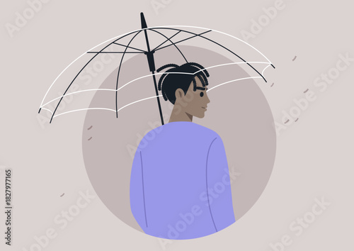 Beneath an elegant transparent umbrella, a figure stands with poise, The soft hues and gentle rain create a tranquil atmosphere in the city, reflecting calmness and beauty