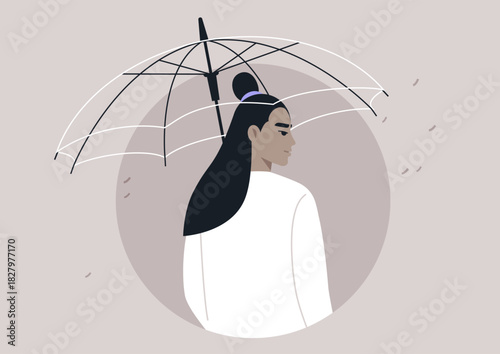 Beneath an elegant transparent umbrella, a figure stands with poise, The soft hues and gentle rain create a tranquil atmosphere in the city, reflecting calmness and beauty