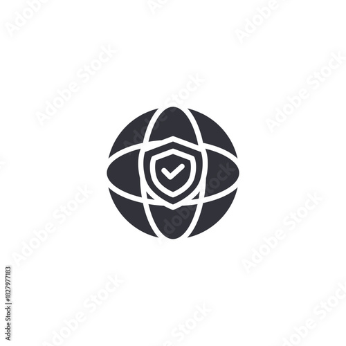 World and checkmark symbol. Eye inside circular target icon representing surveillance system, monitoring privacy, and network visibility tracking features.