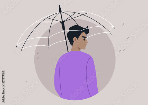 Beneath an elegant transparent umbrella, a figure stands with poise, The soft hues and gentle rain create a tranquil atmosphere in the city, reflecting calmness and beauty