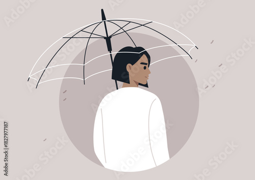 Beneath an elegant transparent umbrella, a figure stands with poise, The soft hues and gentle rain create a tranquil atmosphere in the city, reflecting calmness and beauty