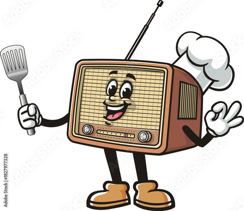 Radio mascot cartoon holding a spatula and wearing a chef's hat