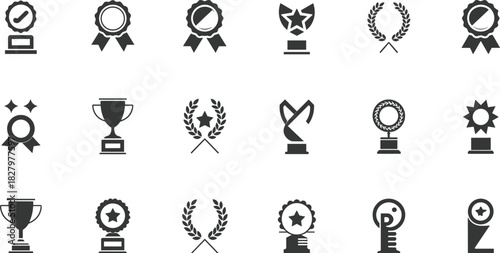 Award icon set, black and white, trophy silhouette, medal ribbon, laurel wreath, achievement symbol, recognition design, success graphic