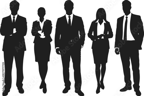 Business silhouettes, corporate team, black and white, professional attire, standing pose, teamwork, suits and skirts, office style, formal group, unity