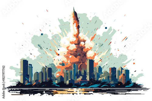 tactical ballistic missile hitting destroyed city isolated vector style with transparent background illustration
