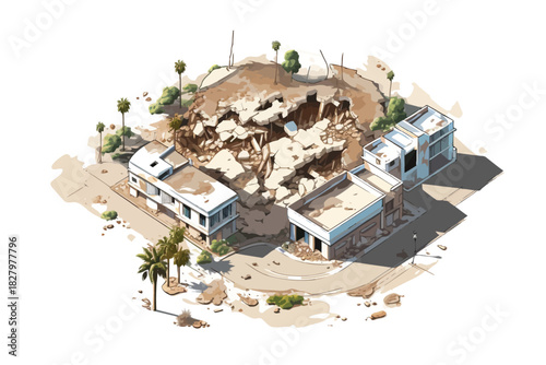 top view aerial shot of destroyed city isolated vector style with transparent background illustration