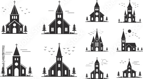 Church icon set, black and white, steeple silhouette, architectural design, religious symbol, vector graphic, worship building, spiritual landmark