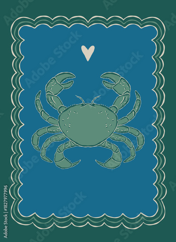Hand drawn green crab illustration inside a blue wavy frame with a heart symbol