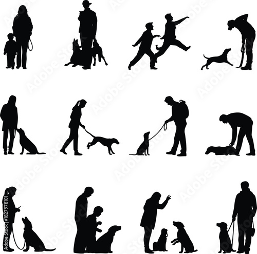 Dog interaction silhouette set, black and white, human pet bond, walking training playing, emotional gesture, companionship pose, outdoor scene