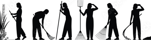 Gardening silhouette set, black and white, yard work, tool usage, raking trimming, pitchfork pose, outdoor labor, seasonal activity