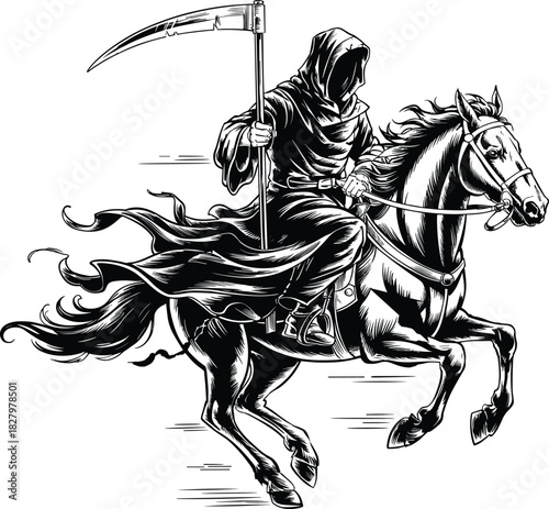 Grim Reaper silhouette, horse rider, black and white, scythe figure, death symbol, folklore art, dramatic motion, mythic scene