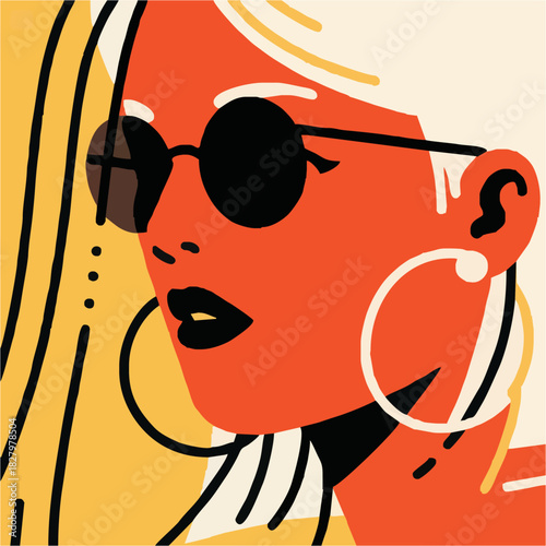 Bold and Stylish Woman with Round Sunglasses and Hoop Earrings, a Retro Fashion Vibe, Perfect for Trendy Designs and Creative Projects, Originally Scalable