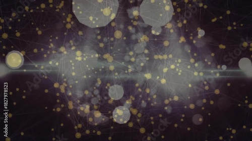 Central glow surging, gold dots pulsing and clustering then dispersing across dark network for data