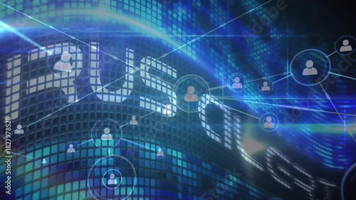 Pulsing center node starting network growth, nodes spawning, linking, ringing to show user links