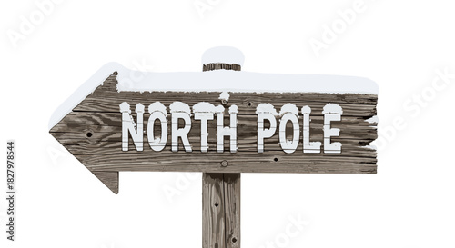 Wooden North Pole sign covered with snow pointing left  
