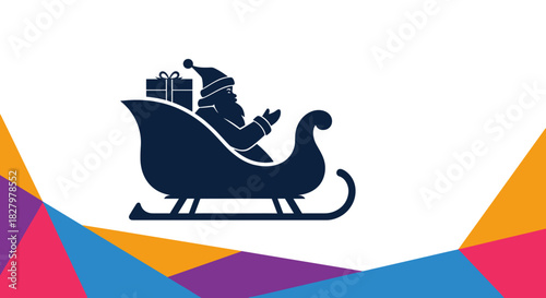 Santa Claus in sleigh with gifts on colorful geometric background  