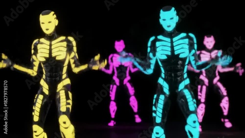 Four stylized humanoid dancers with vibrant neon outlines perform a synchronized robotic dance against a deep black void, creating light trails. Hyper-futuristic cyberpunk concept