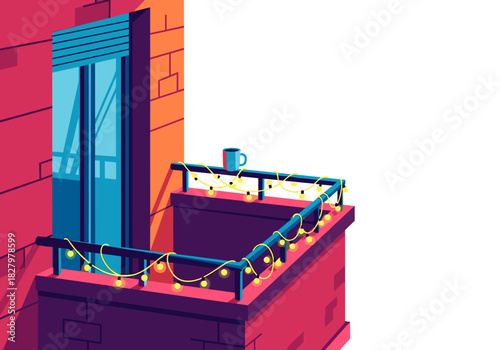 Urban balcony decorated with warm lights and a mug for Christmas and New Year  