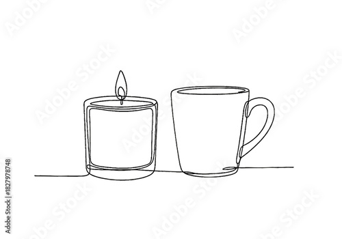 Simple line drawing of candle and mug symbolizing Christmas and New Year  
